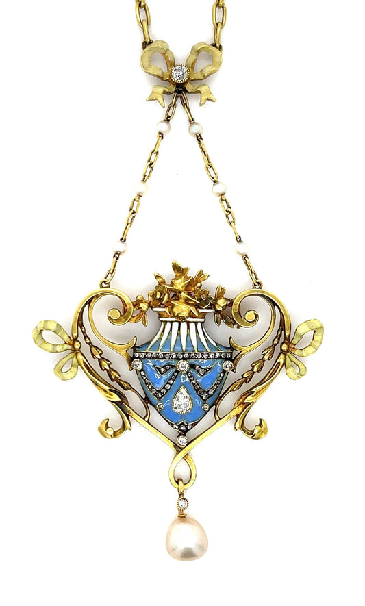Lucien Gautrait Art Nouveau Plique A Jour Natural Pearl Enamel Diamond Pendant