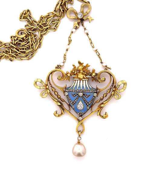 Lucien Gautrait Art Nouveau Plique A Jour Natural Pearl Enamel Diamond Pendant