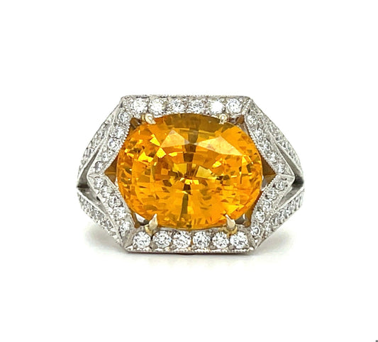 Oval Yellowish Orange Sapphire 8.50 carats | Diamonds .75 carats PT Ring  Size 6