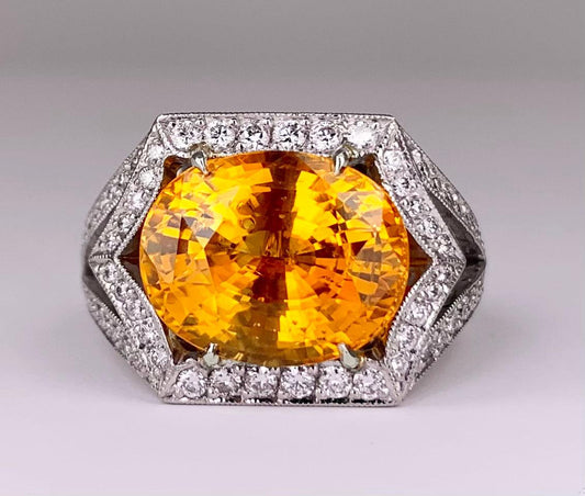 Oval Yellowish Orange Sapphire 8.50 carats | Diamonds .75 carats PT Ring  Size 6