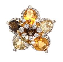 14KY Citrine & Smoky Topaz Multicolor Gemstone Ring 10.00ct(ci) .50ct twt(dia)