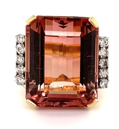 18KY Rare Peach Tourmaline & Diamond Ring 27.90ct(tm) 0.40ct twt(dia) Circa 1960