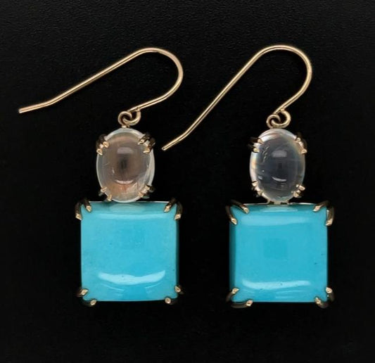 12.70ct Turquoise 1.55ct Moonstone 14KY Earrings