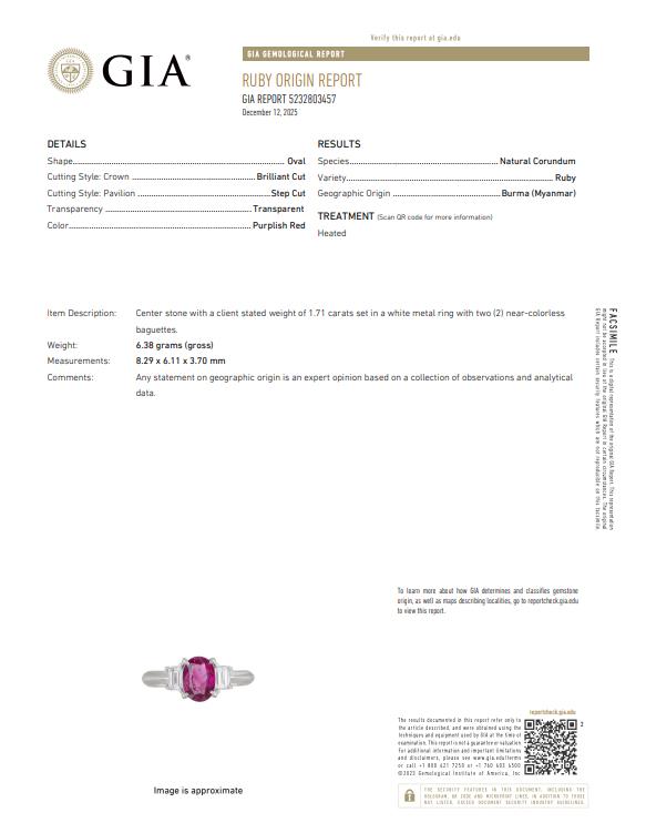 1.71ct Burma Heated Purplish Red Ruby PT Ring