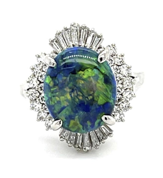 3.23ct Australian Black Opal Ring .75ct Diamond 9.30g 7 Size
