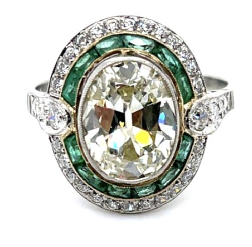 2.70ct Antique Cut Diamond 1.80ct Emerald Platinum Ring