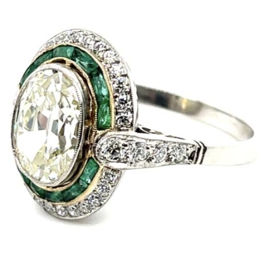 2.70ct Antique Cut Diamond 1.80ct Emerald Platinum Ring