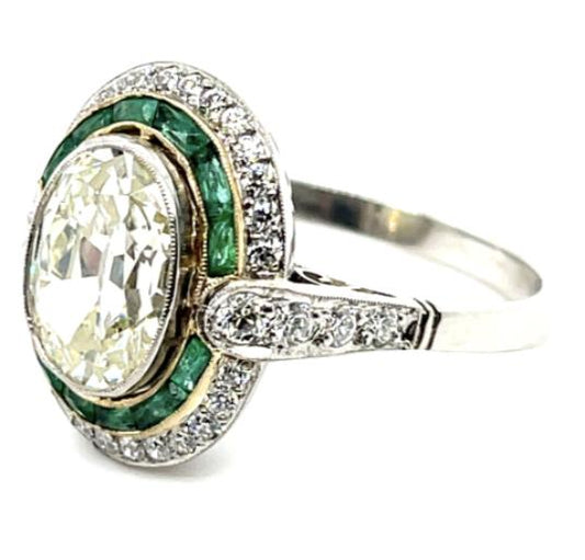2.70ct Antique Cut Diamond 1.80ct Emerald Platinum Ring