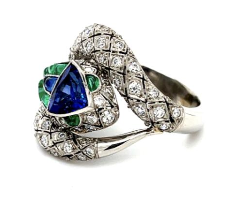 1.54ct Sapphire 1.25ct Diamond 1.60ct Emerald Handmade Platinum Snake Ring