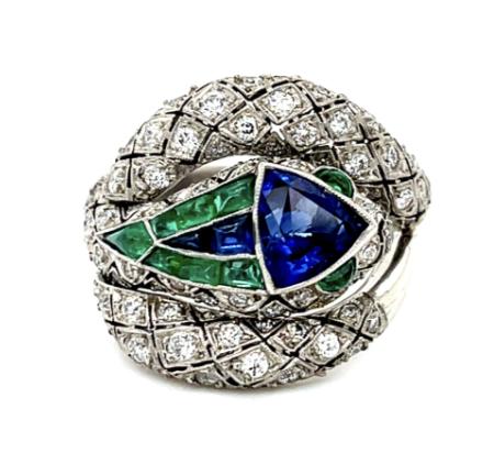 1.54ct Sapphire 1.25ct Diamond 1.60ct Emerald Handmade Platinum Snake Ring