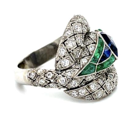 1.54ct Sapphire 1.25ct Diamond 1.60ct Emerald Handmade Platinum Snake Ring