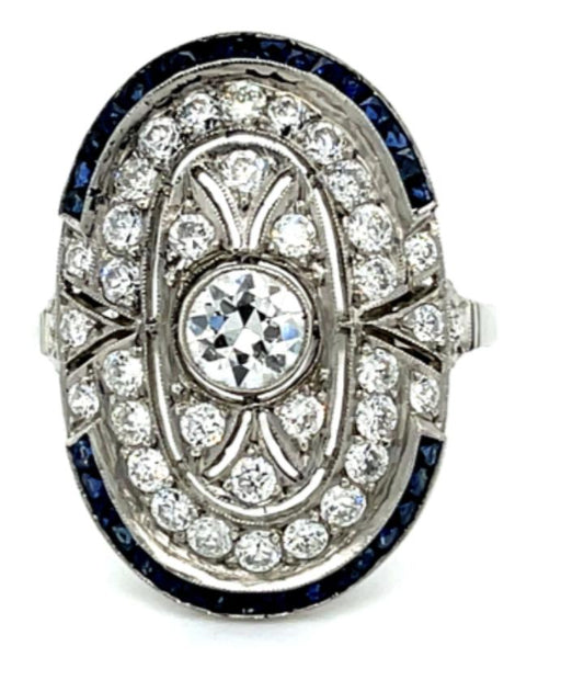 .35ct Diamond .73ct French Cut Sapphire Platinum Handmade Ring
