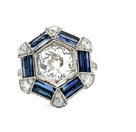 1.55ct Euro Cushion Cut VS I-J Platinum Handmade Ring 2.70ct Saphires 1.10ct SD