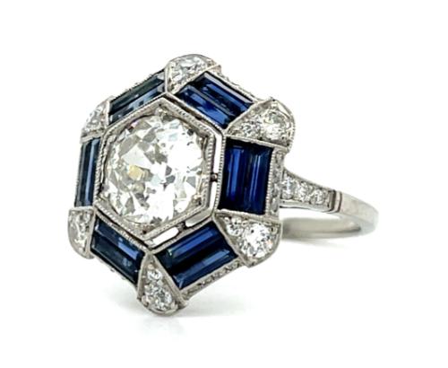 1.55ct Euro Cushion Cut VS I-J Platinum Handmade Ring 2.70ct Saphires 1.10ct SD