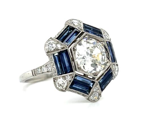 1.55ct Euro Cushion Cut VS I-J Platinum Handmade Ring 2.70ct Saphires 1.10ct SD