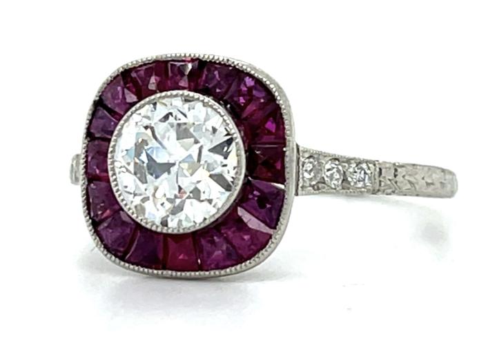 1.05ct Diamond 1.26ct Ruby Platinum Handmade Hand Engraved Ring