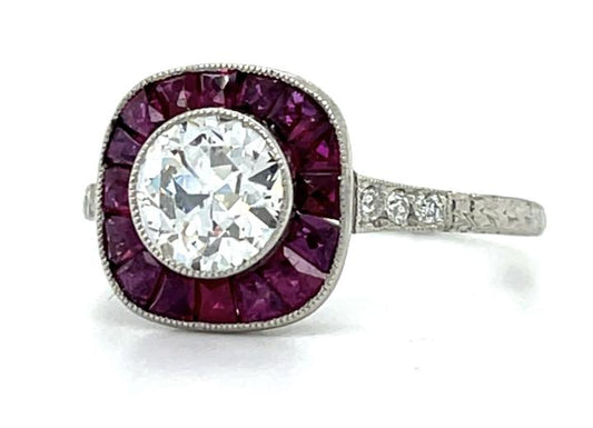1.05ct Diamond 1.26ct Ruby Platinum Handmade Hand Engraved Ring