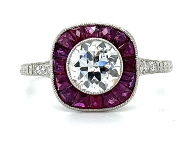 1.05ct Diamond 1.26ct Ruby Platinum Handmade Hand Engraved Ring