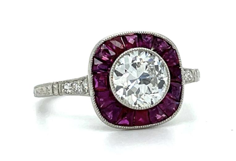1.05ct Diamond 1.26ct Ruby Platinum Handmade Hand Engraved Ring