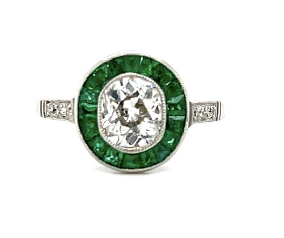 1.12ct Oval Diamond 1.20ct Emerald Platinum Handmade Ring