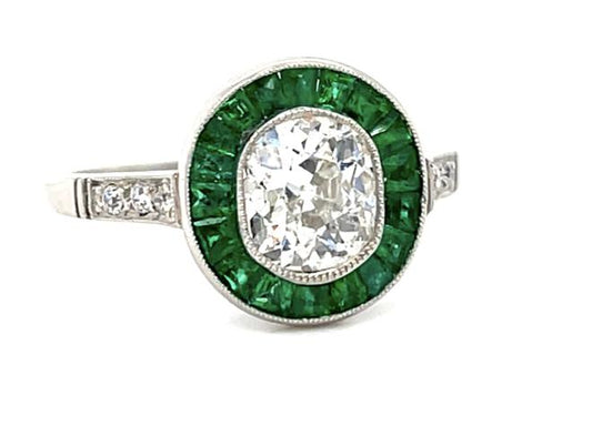1.12ct Oval Diamond 1.20ct Emerald Platinum Handmade Ring
