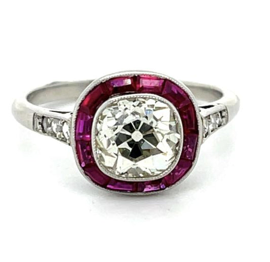 1.44ct Old Mine Cushion Diamond .88ct Ruby Platinum Handmade Ring