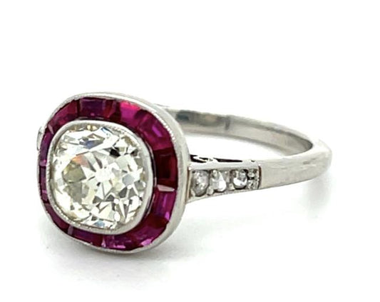 1.44ct Old Mine Cushion Diamond .88ct Ruby Platinum Handmade Ring