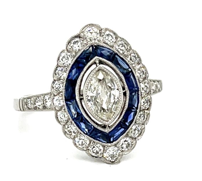 .39ct SI I-J Diamond .96ct Sapphire Platinum Handmade Ring