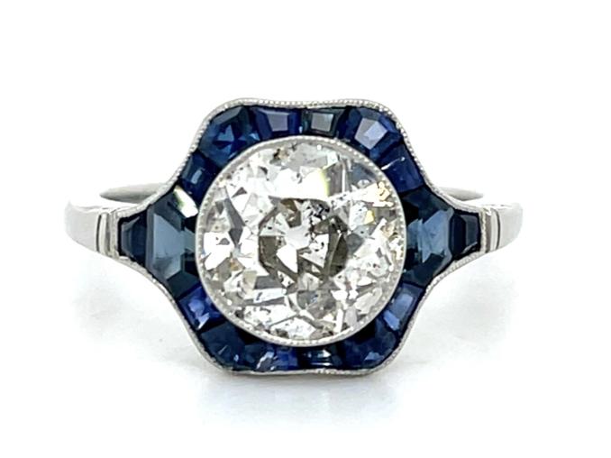1.76ct Exact Diamond Weight 2.25ct Sapphire Platinum Handmade Ring