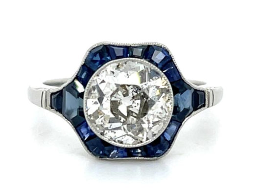 1.76ct Exact Diamond Weight 2.25ct Sapphire Platinum Handmade Ring