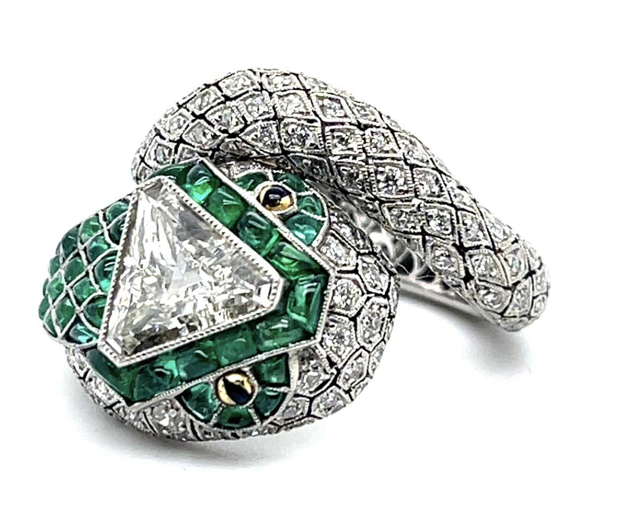 1.16ct Diamond 2.80ct Emerald Platinum Handmade Sanke Ring