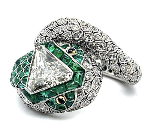 1.16ct Diamond 2.80ct Emerald Platinum Handmade Sanke Ring