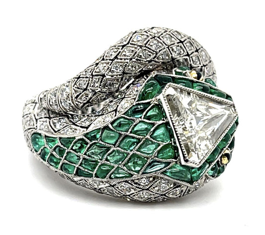 1.16ct Diamond 2.80ct Emerald Platinum Handmade Sanke Ring