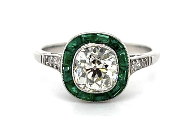 1.18ct Old Cushion Cut Diamond .84ct Emerald Platinum Handmade Ring