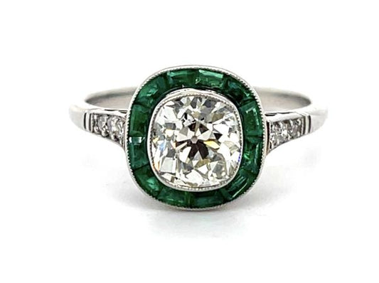 1.18ct Old Cushion Cut Diamond .84ct Emerald Platinum Handmade Ring