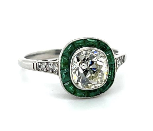 1.18ct Old Cushion Cut Diamond .84ct Emerald Platinum Handmade Ring