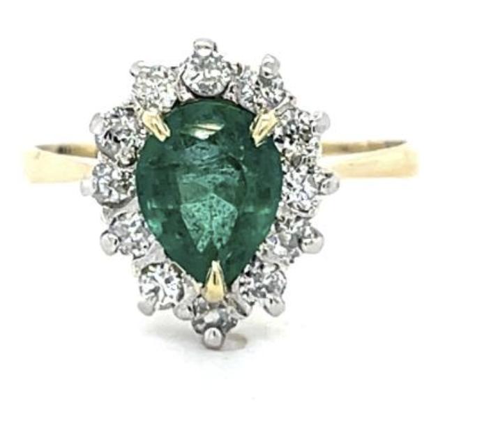 1.02ct Emerald Exact Weight .38ct Side Diamond 18K 2 Tone Ring
