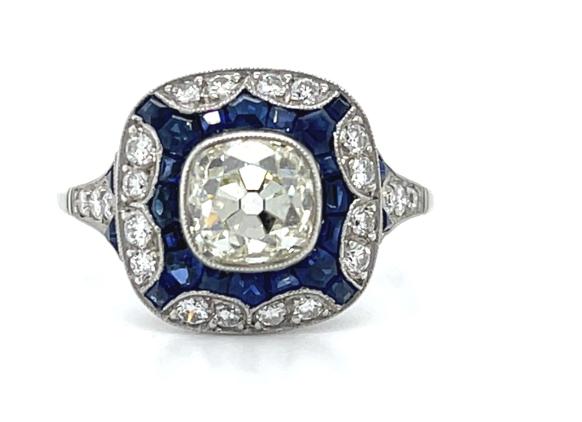 1.56ct VS K-L Old Miner Diamond .88ct Saphire Platinum Handmade Ring