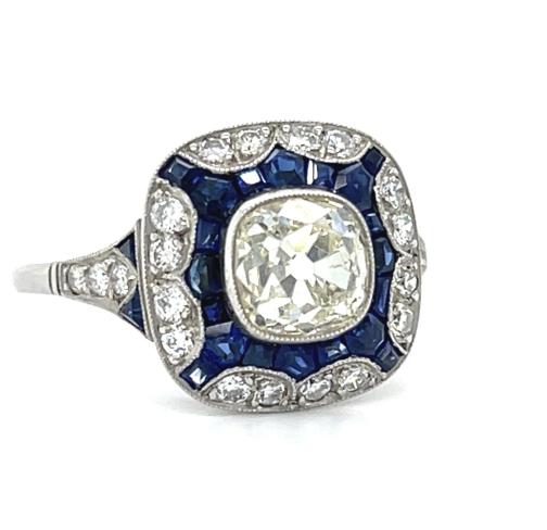 1.56ct VS K-L Old Miner Diamond .88ct Saphire Platinum Handmade Ring