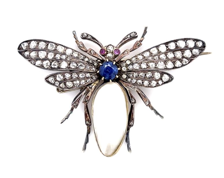 Original Victorian Baroque Pearl .70ct Sap 3.75ct Dia 14KY+Silver Bug Brooch