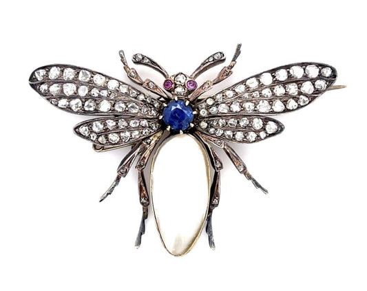 Original Victorian Baroque Pearl .70ct Sap 3.75ct Dia 14KY+Silver Bug Brooch