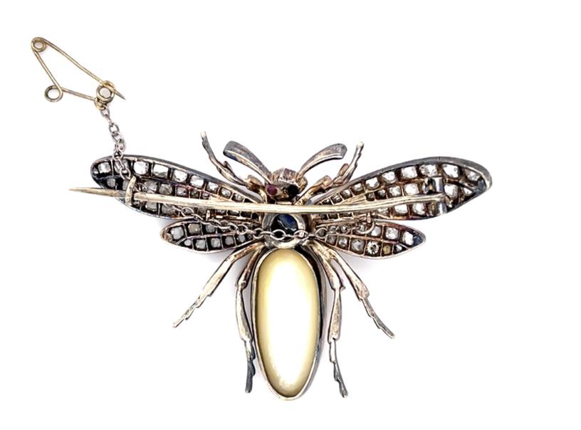 Original Victorian Baroque Pearl .70ct Sap 3.75ct Dia 14KY+Silver Bug Brooch