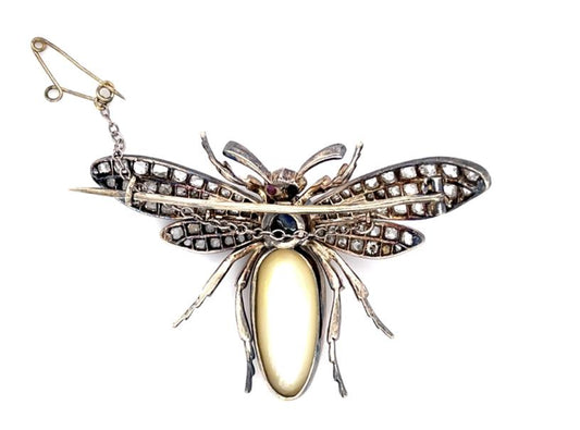 Original Victorian Baroque Pearl .70ct Sap 3.75ct Dia 14KY+Silver Bug Brooch