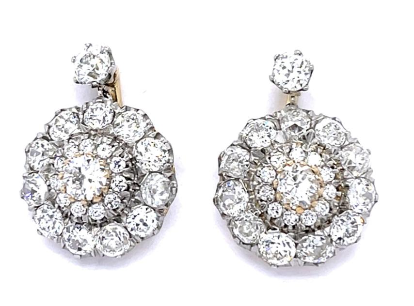 1.65ct (4 Old European Diamonds) PT+18KY Cluster Earrings 5.10ct (46 Diamonds)
