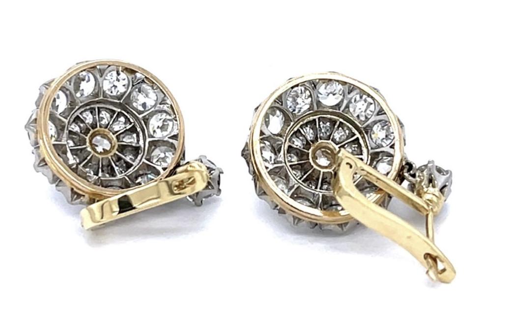 1.65ct (4 Old European Diamonds) PT+18KY Cluster Earrings 5.10ct (46 Diamonds)