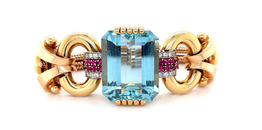 Tiffany & Co. Retro 46ct Aquamarine Bracelet (Vintage 1945) Ruby 14K 2 Tone