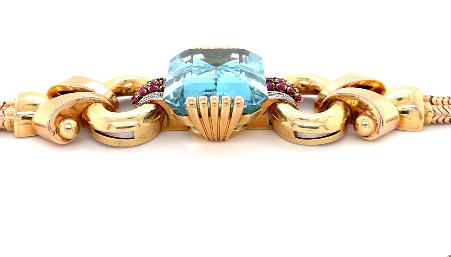 Tiffany & Co. Retro 46ct Aquamarine Bracelet (Vintage 1945) Ruby 14K 2 Tone