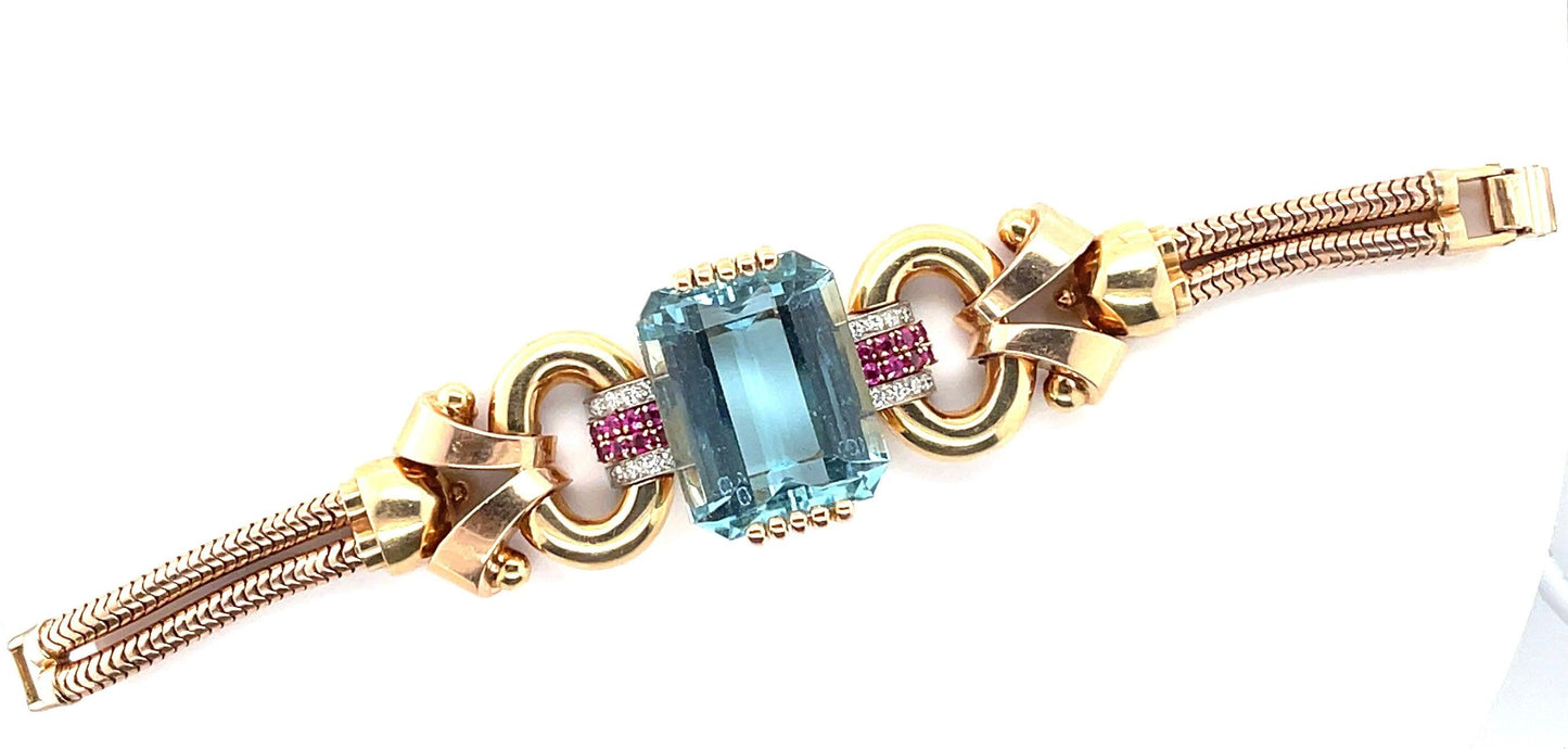 Tiffany & Co. Retro 46ct Aquamarine Bracelet (Vintage 1945) Ruby 14K 2 Tone