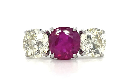 Cartier Art Deco 3.41ct Burma No Heat Ruby PT Ring (1930s) 3.90ct Old Euro Dia