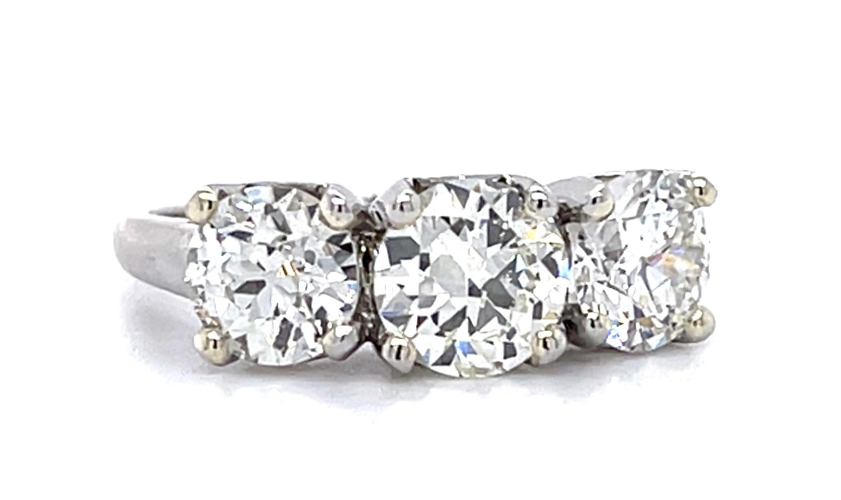 .88ct Old European Diamond 1.55ct SD Platinum Three Stone Ring (Vintage 1930s)